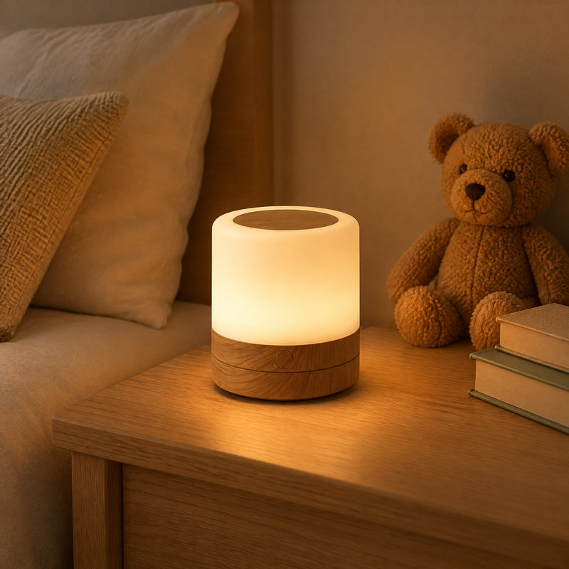 Veilleuse minuterie rechargeable LED allumée sur une table de chevet en bois, avec un ourson en peluche
