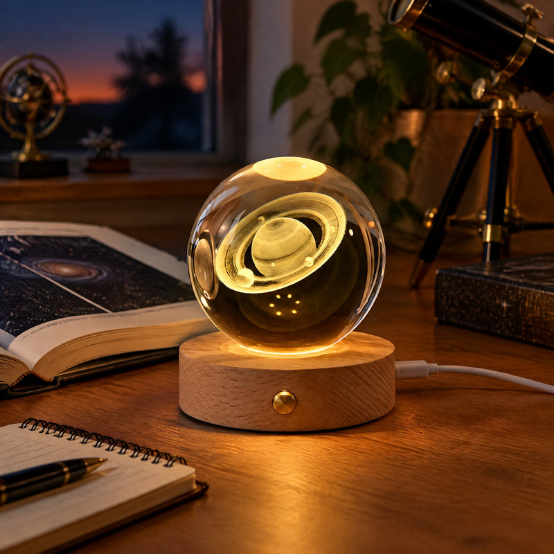 Veilleuse boule de cristal Saturne à lueur ambrée sur un bureau