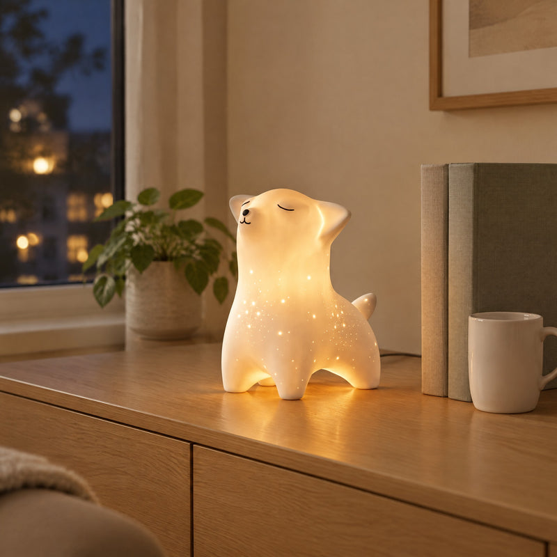 White porcelain fox night light switched on, on an oak sideboard next to books and a mug