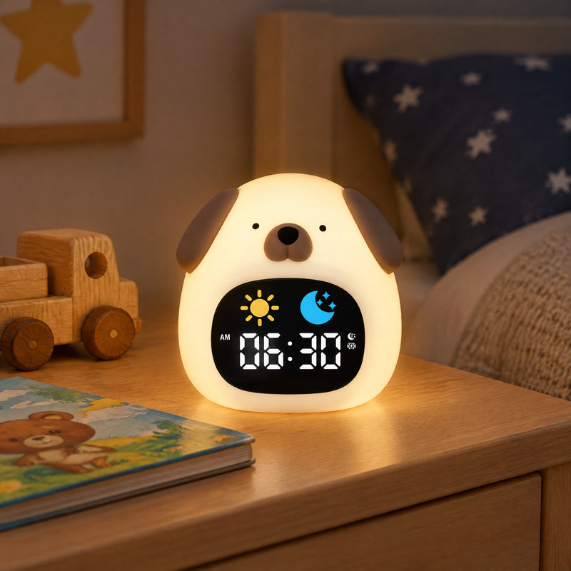 Veilleuse réveil chien en silicone avec écran lune et soleil sur une table de chevet d'enfant
