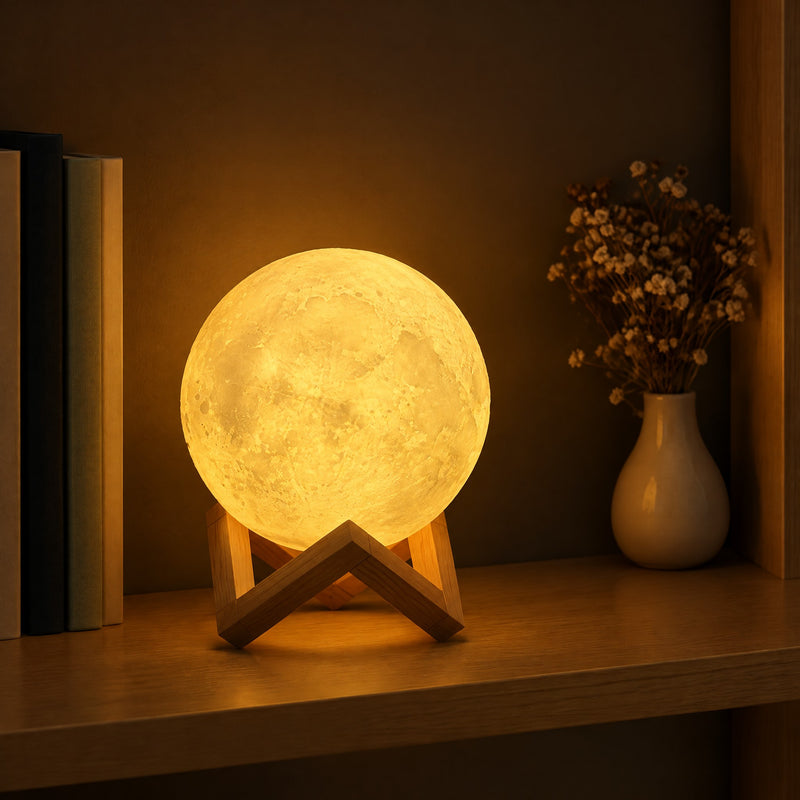 Lampe veilleuse lune sur trépied en bois posée sur une étagère