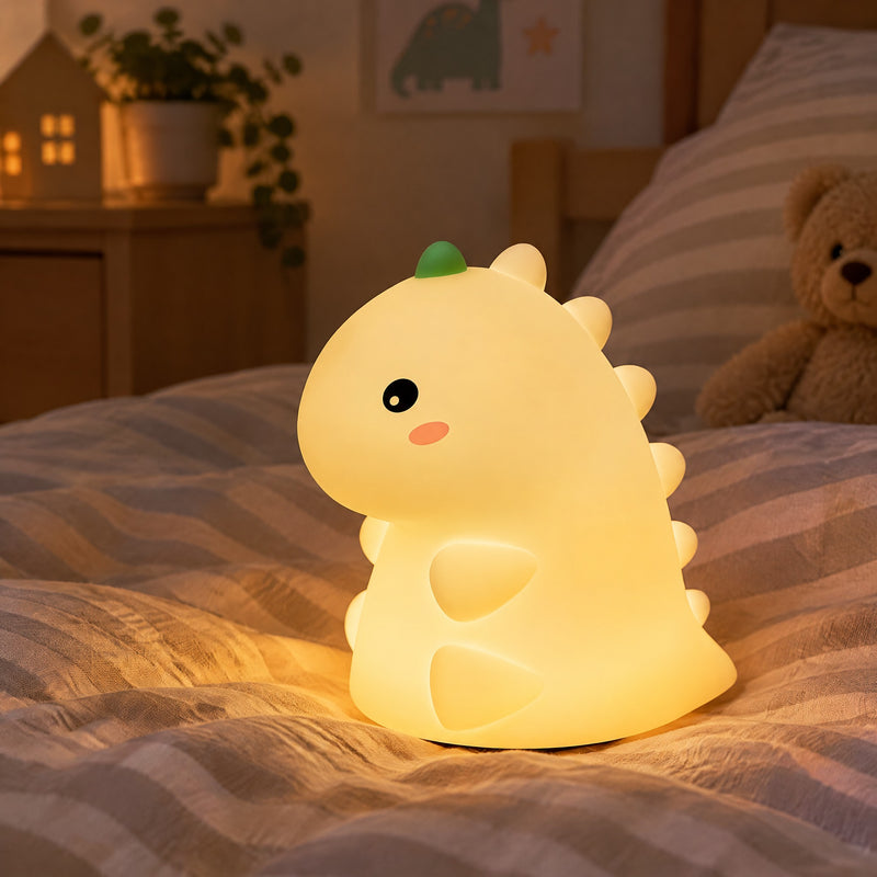 Mini Veilleuse Dinosaure allumée sur un lit dans une chambre d'enfant