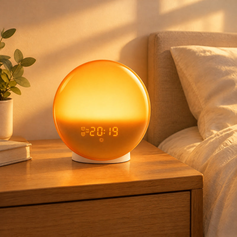 Réveil simulateur d'aube orange posé sur une table de chevet dans une chambre baignée de lumière douce
