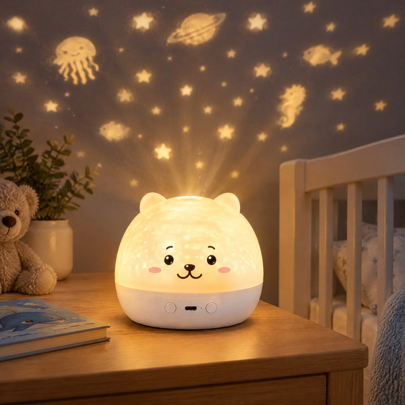 Veilleuse Bébé Projection Plafond – allumée, ambiance douce