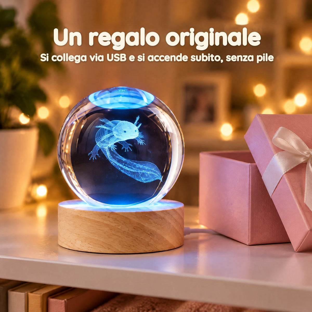 Luce Notturna Sfera di Cristallo Axolotl – Un regalo originale