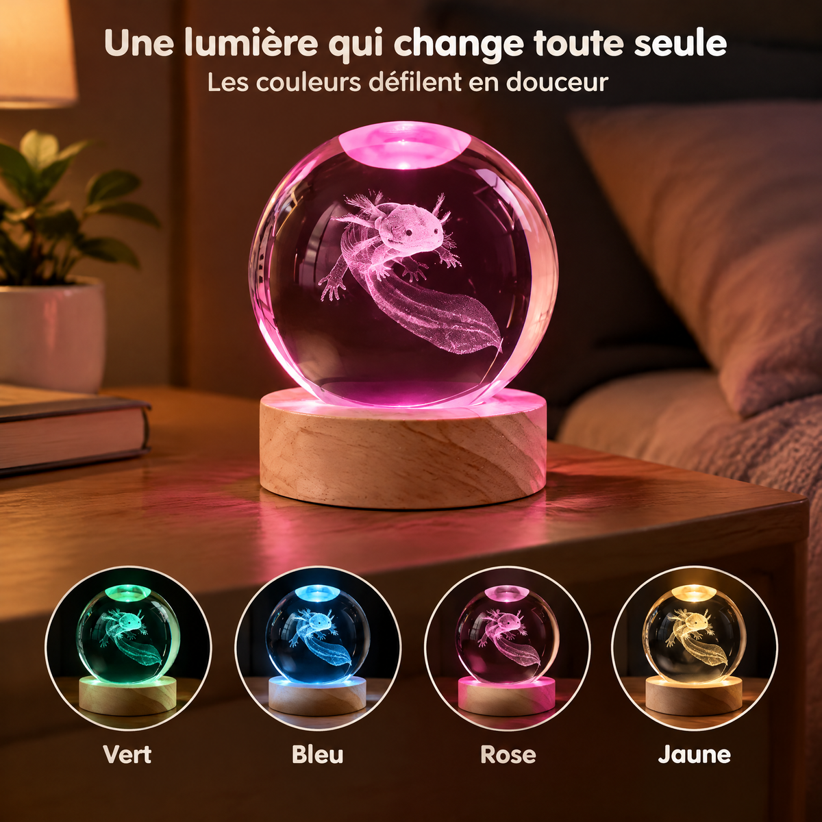 Lampka nocna kula kryształowa aksolotl – Światło, które samo zmienia kolor