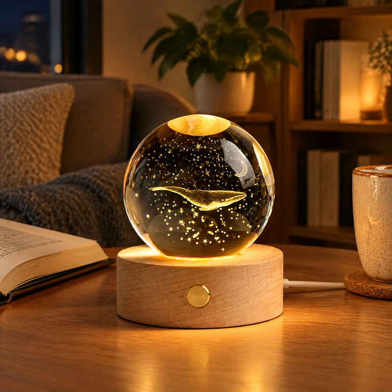 Veilleuse boule de cristal baleine à lueur ambrée posée sur un bureau en bois