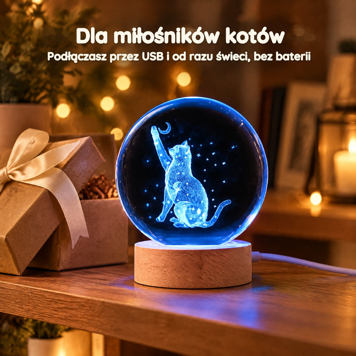Lampka nocna kula kryształowa kot pod gwiazdami – Dla miłośników kotów