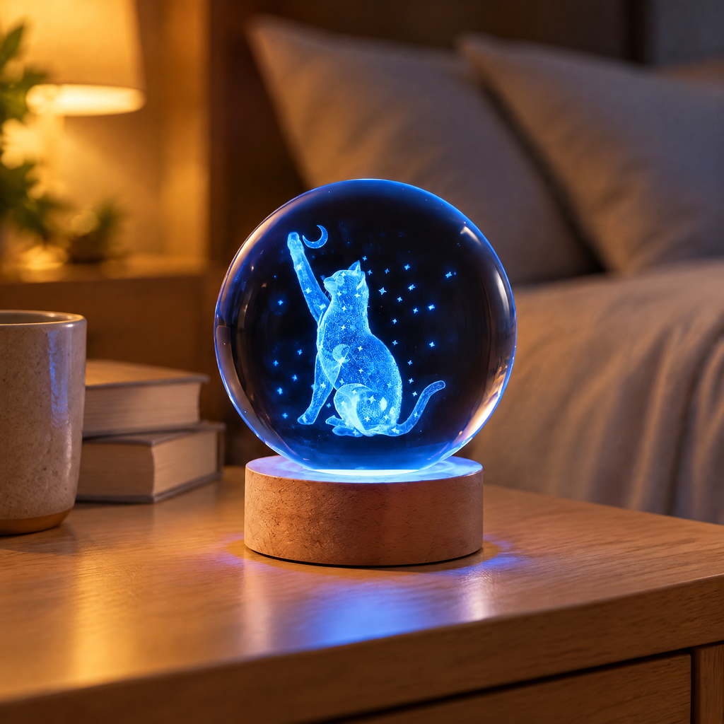 Luce Notturna Sfera di Cristallo Gatto sotto le Stelle