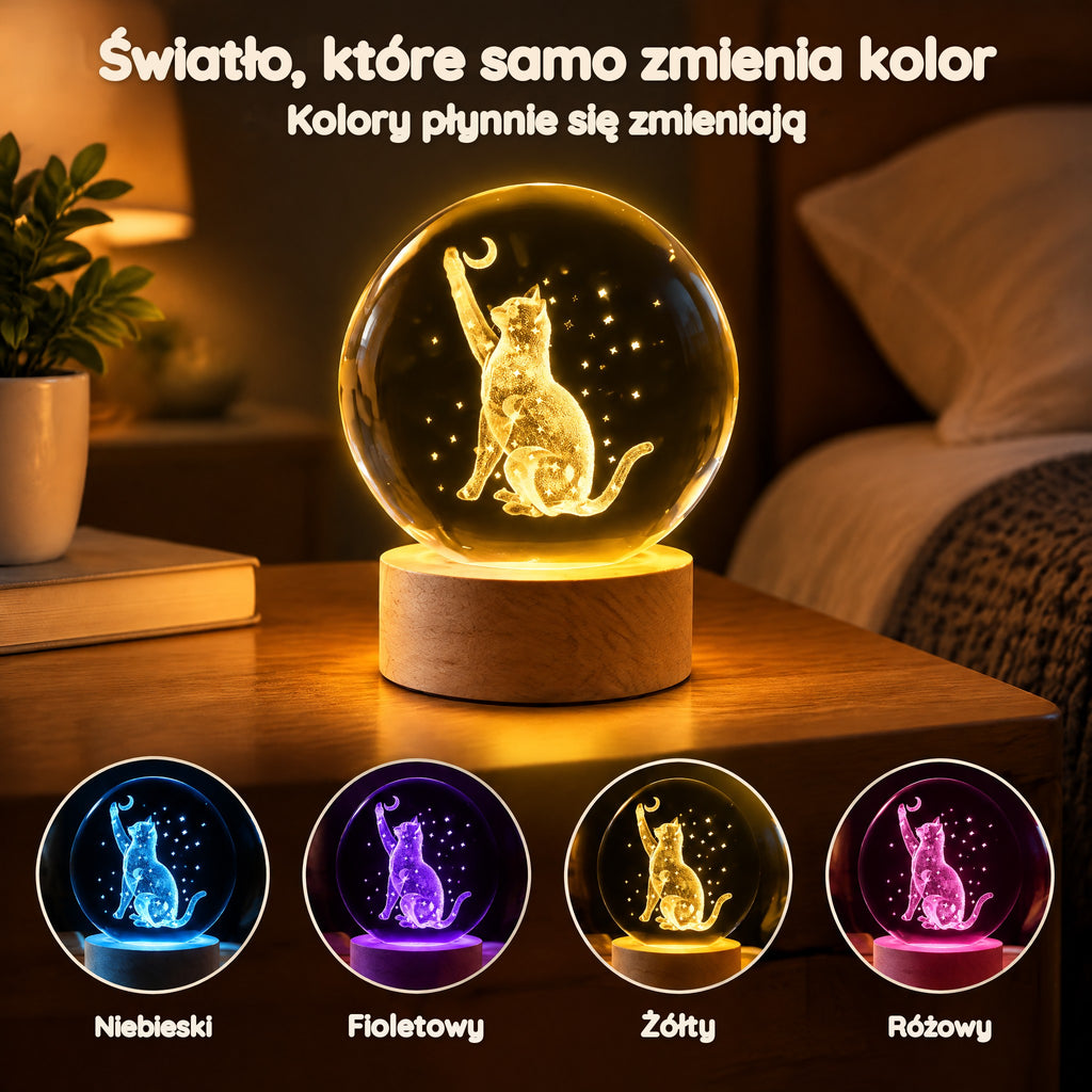 Lampka nocna kula kryształowa kot pod gwiazdami – Światło, które samo zmienia kolor