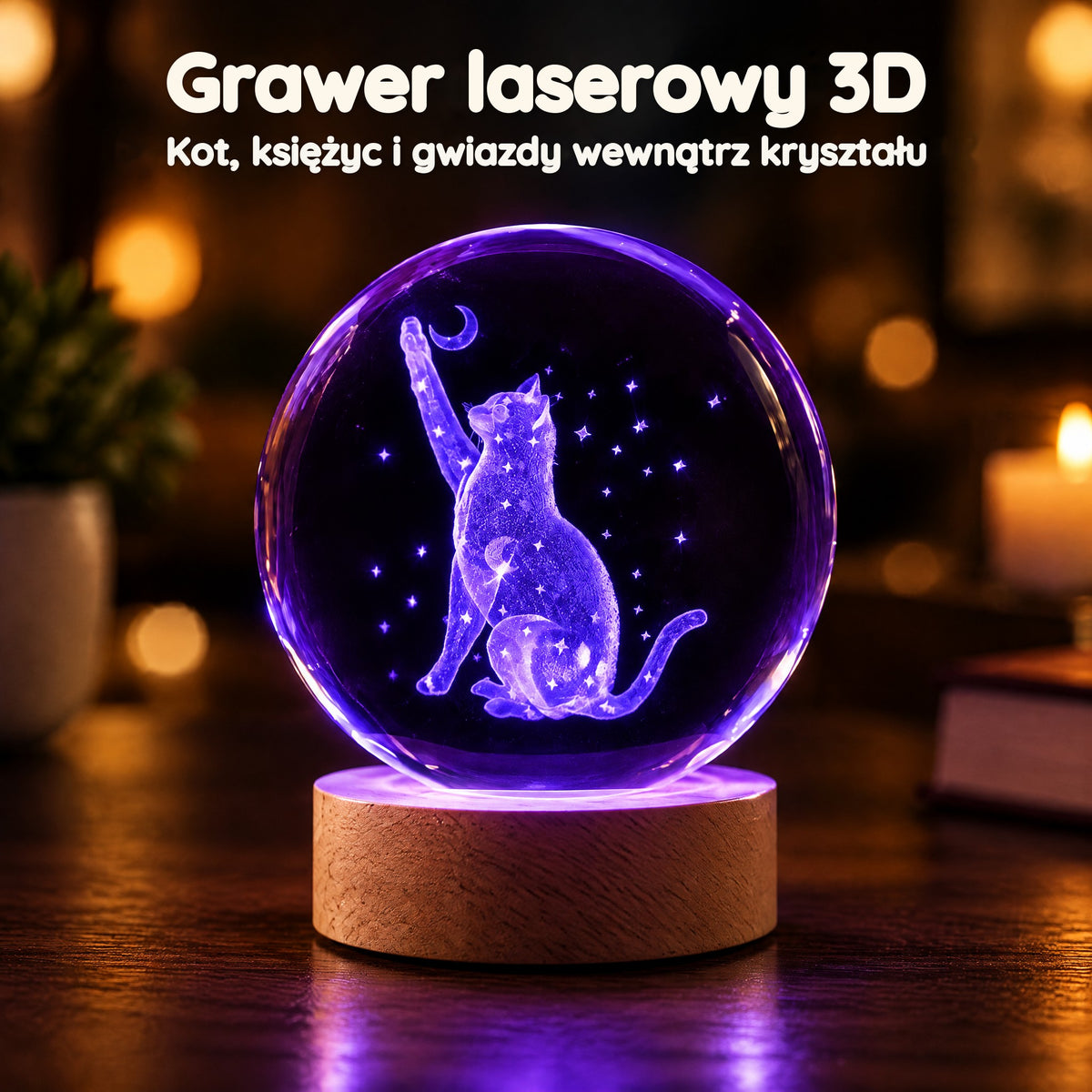 Lampka nocna kula kryształowa kot pod gwiazdami – Grawer laserowy 3D