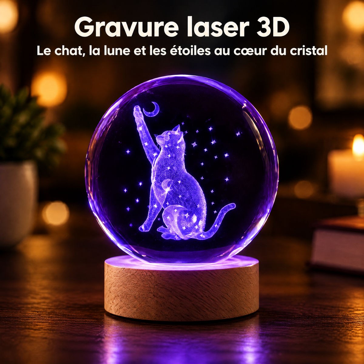 Luce Notturna Sfera di Cristallo Gatto sotto le Stelle – Incisione laser 3D