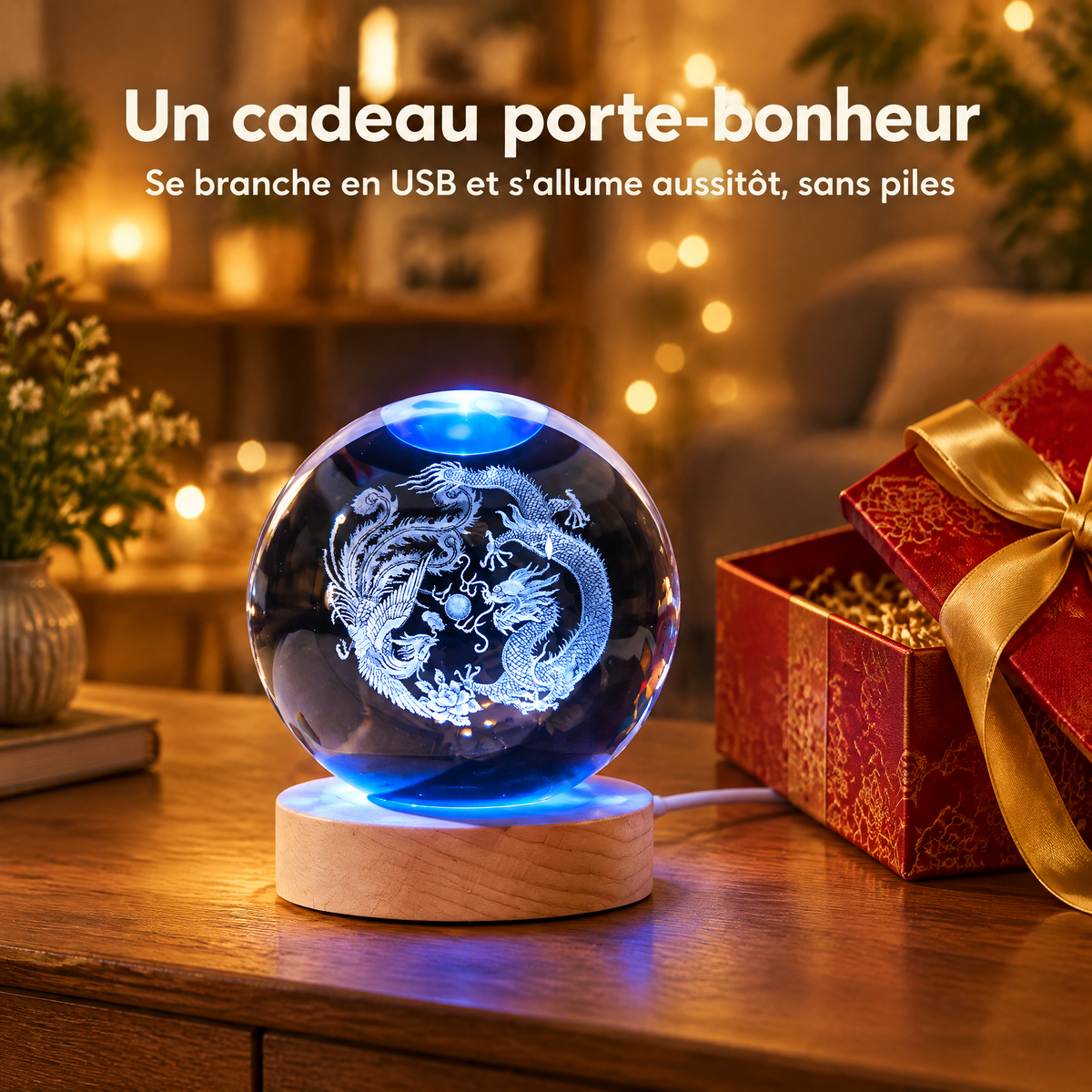 Luce Notturna Sfera di Cristallo Drago e Fenice con Incisione 3D – Un regalo portafortuna