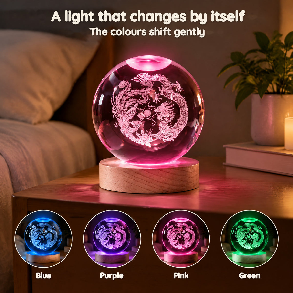 Dragon and Phoenix 3D-Engraved Crystal Ball Night Light – A light that changes by itself