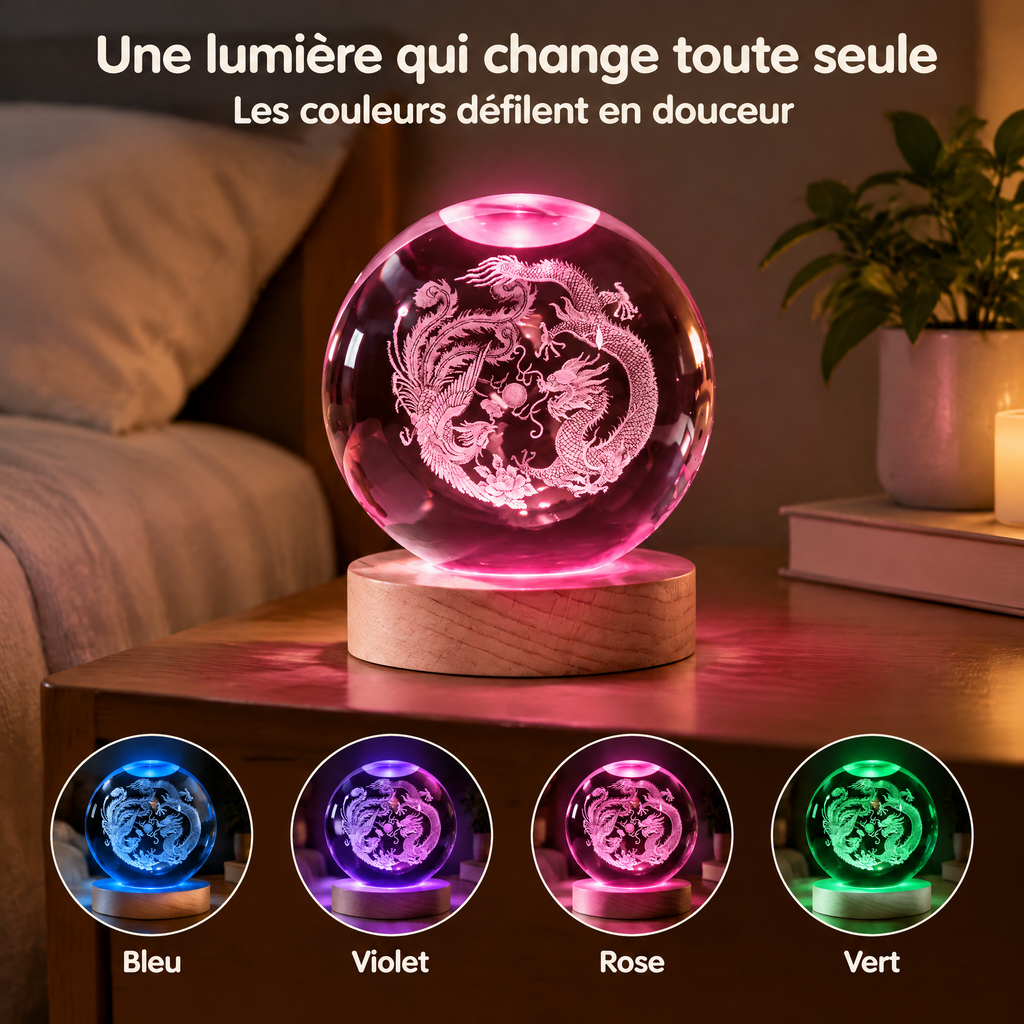 Luce Notturna Sfera di Cristallo Drago e Fenice con Incisione 3D – Una luce che cambia da sola