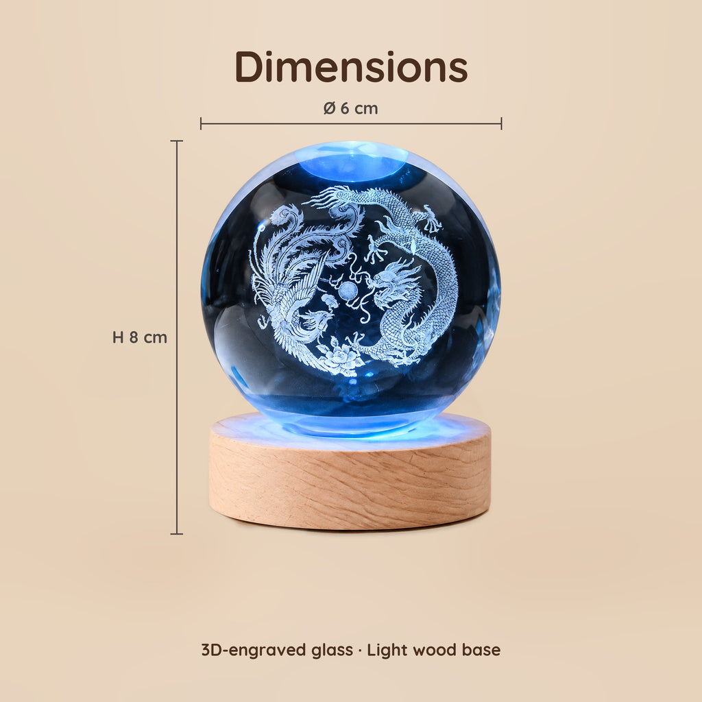 Dragon and Phoenix 3D-Engraved Crystal Ball Night Light – Dimensions