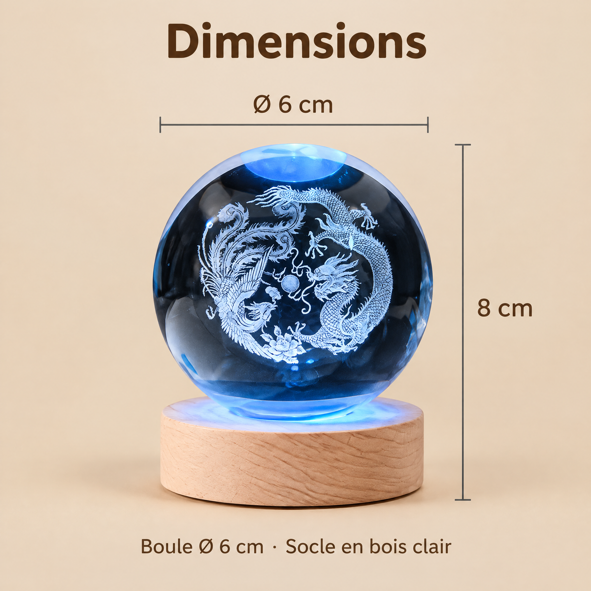 Luce Notturna Sfera di Cristallo Drago e Fenice con Incisione 3D – Dimensioni