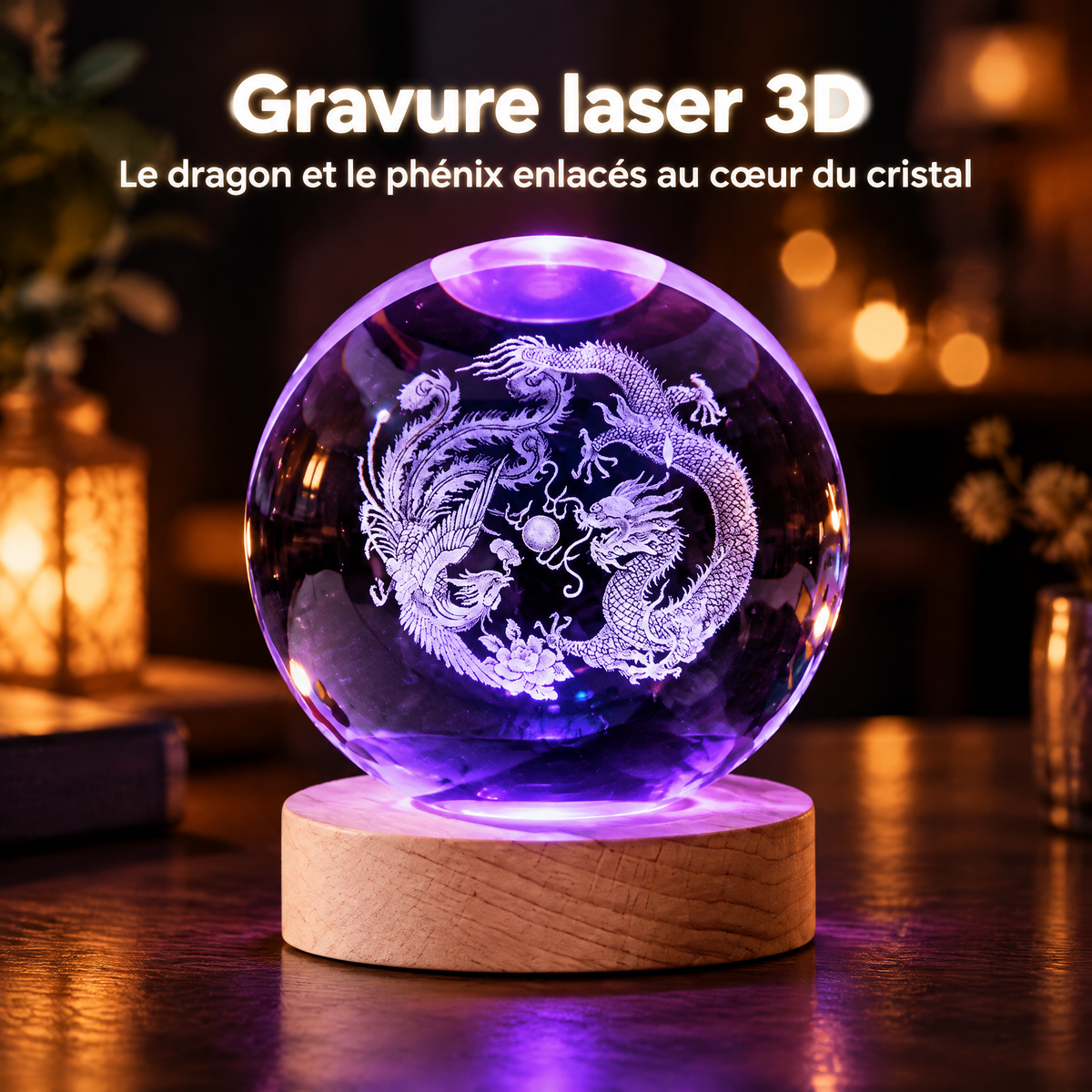Luce Notturna Sfera di Cristallo Drago e Fenice con Incisione 3D – Incisione laser 3D