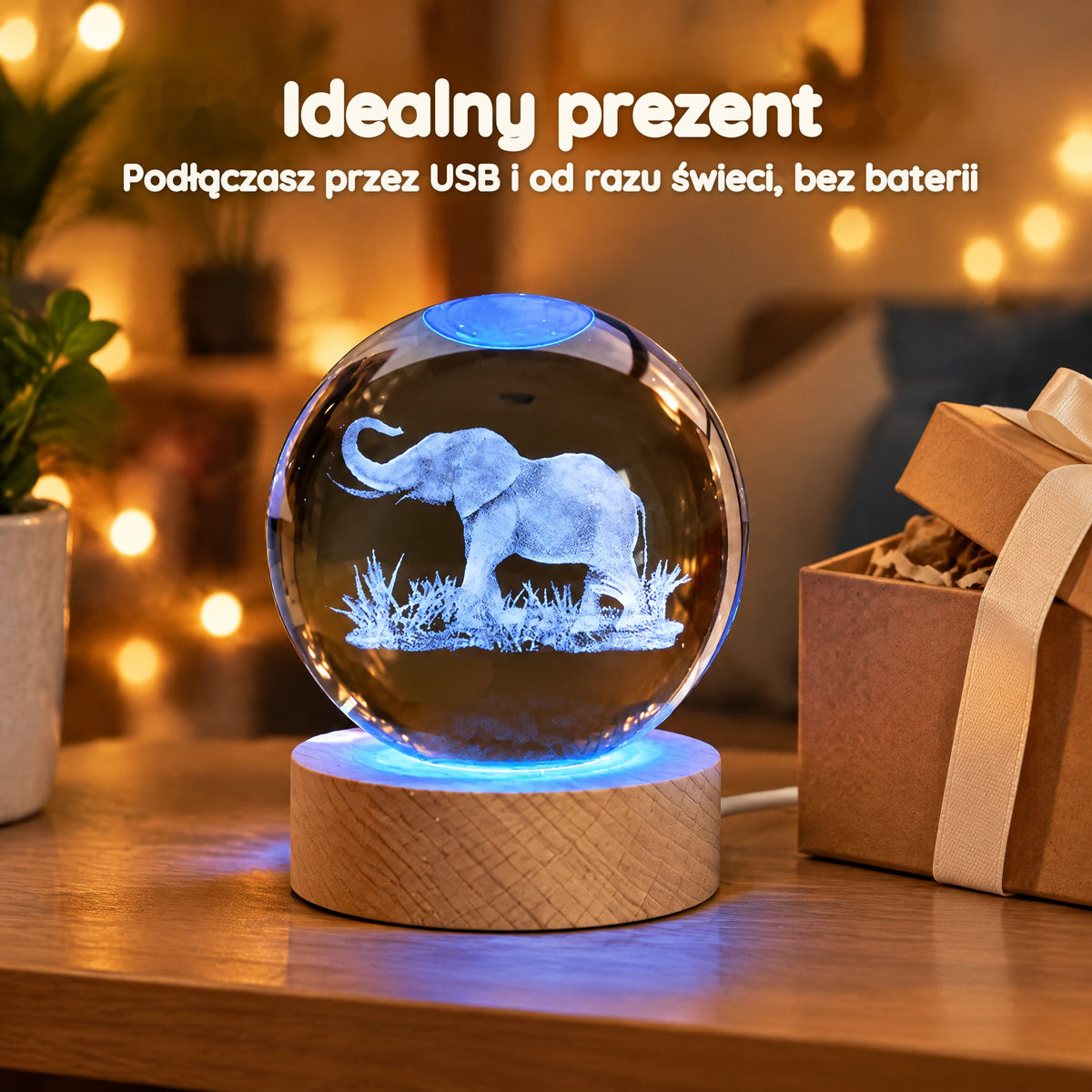 Lampka nocna kula kryształowa słoń wielokolorowa USB – Idealny prezent
