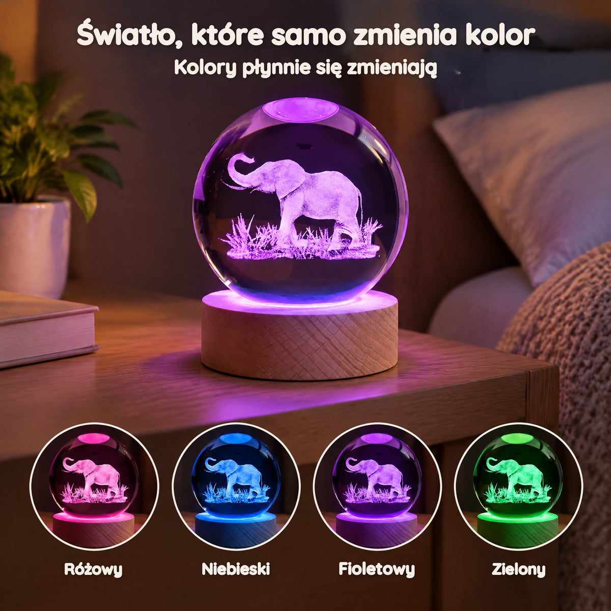 Lampka nocna kula kryształowa słoń wielokolorowa USB – Światło, które samo zmienia kolor