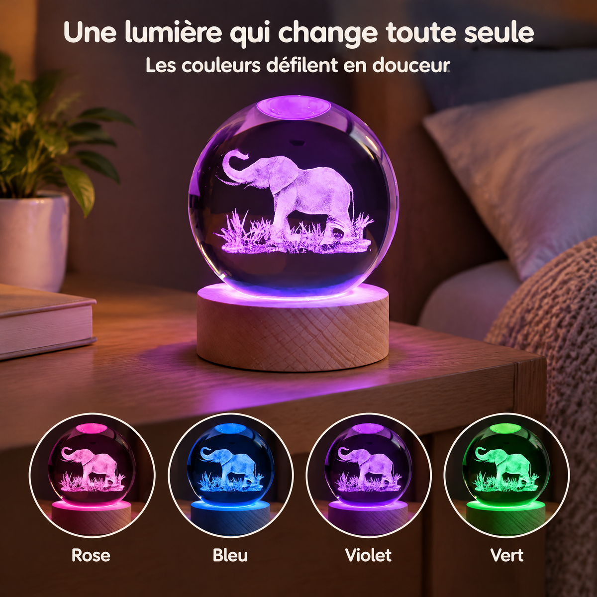Luce Notturna Sfera di Cristallo Elefante Multicolore USB – Una luce che cambia da sola