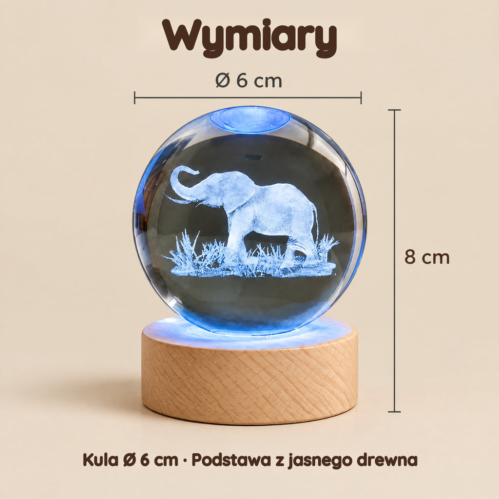 Lampka nocna kula kryształowa słoń wielokolorowa USB – Wymiary