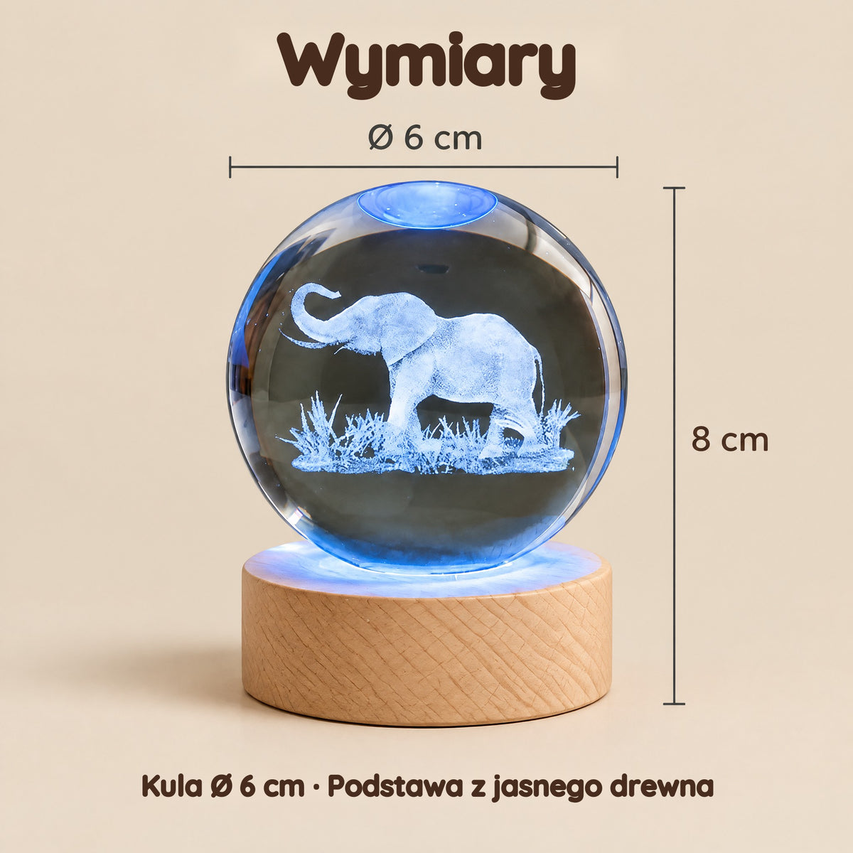 Lampka nocna kula kryształowa słoń wielokolorowa USB – Wymiary
