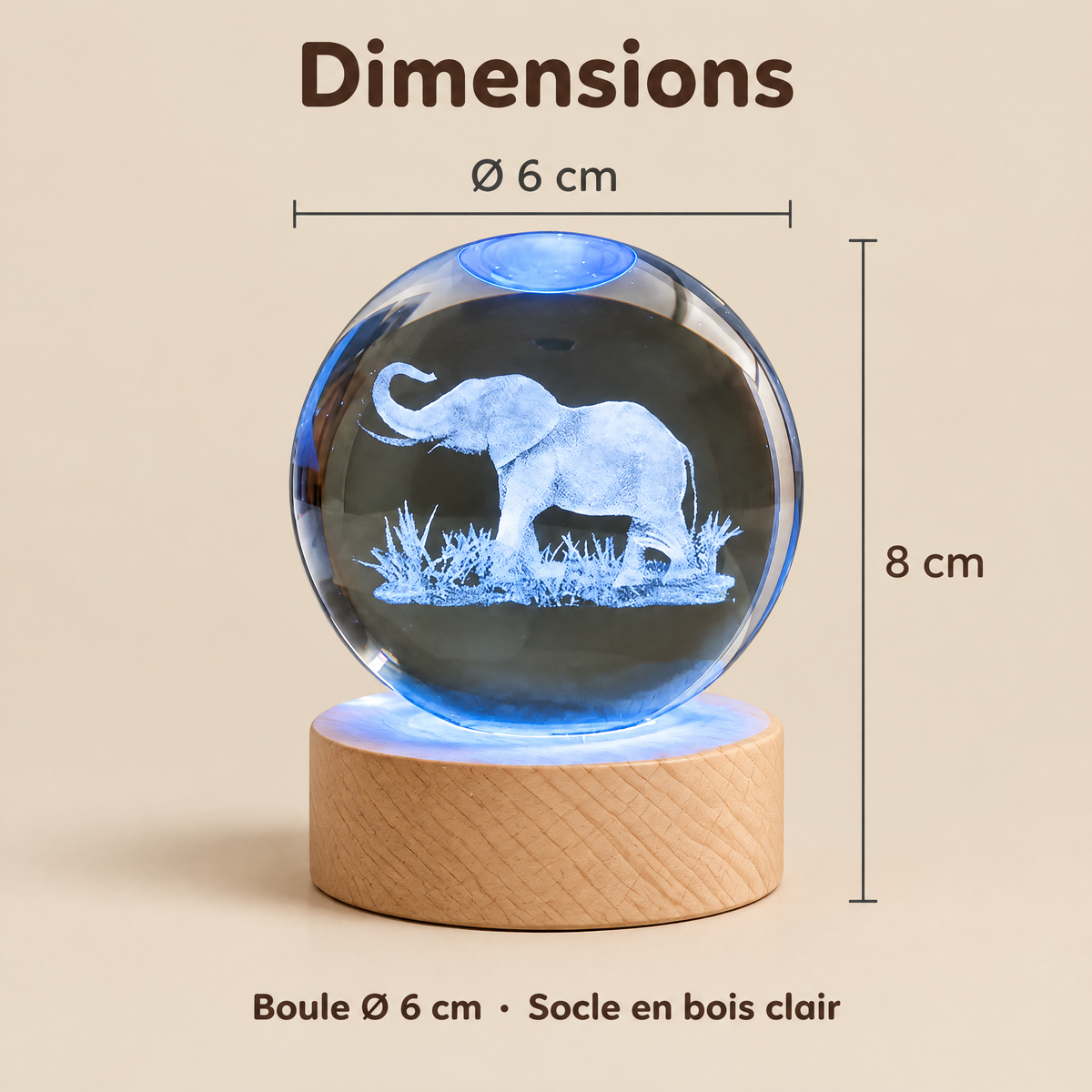 Luce Notturna Sfera di Cristallo Elefante Multicolore USB – Dimensioni