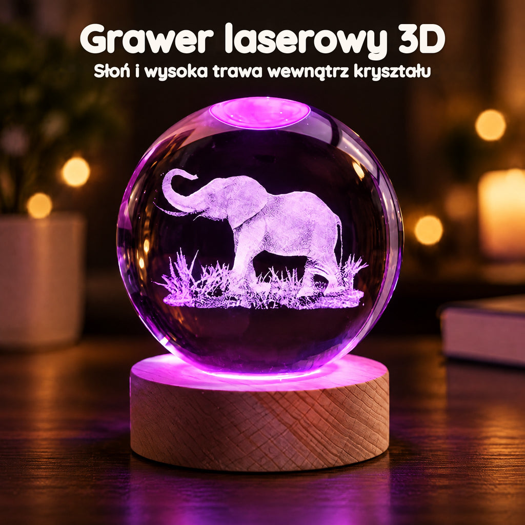 Lampka nocna kula kryształowa słoń wielokolorowa USB – Grawer laserowy 3D