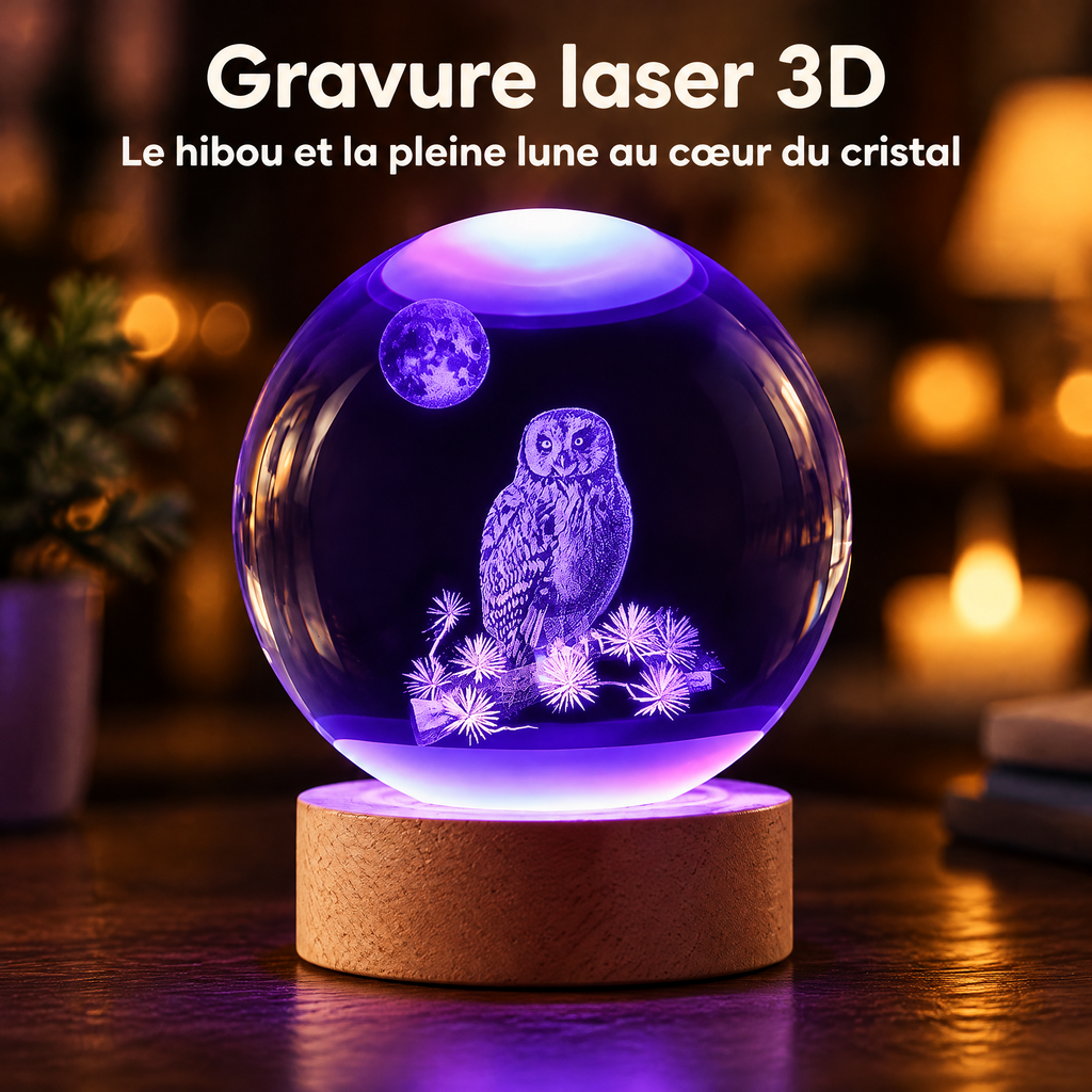 Lampka nocna kula kryształowa sowa i pełnia księżyca – Grawer laserowy 3D