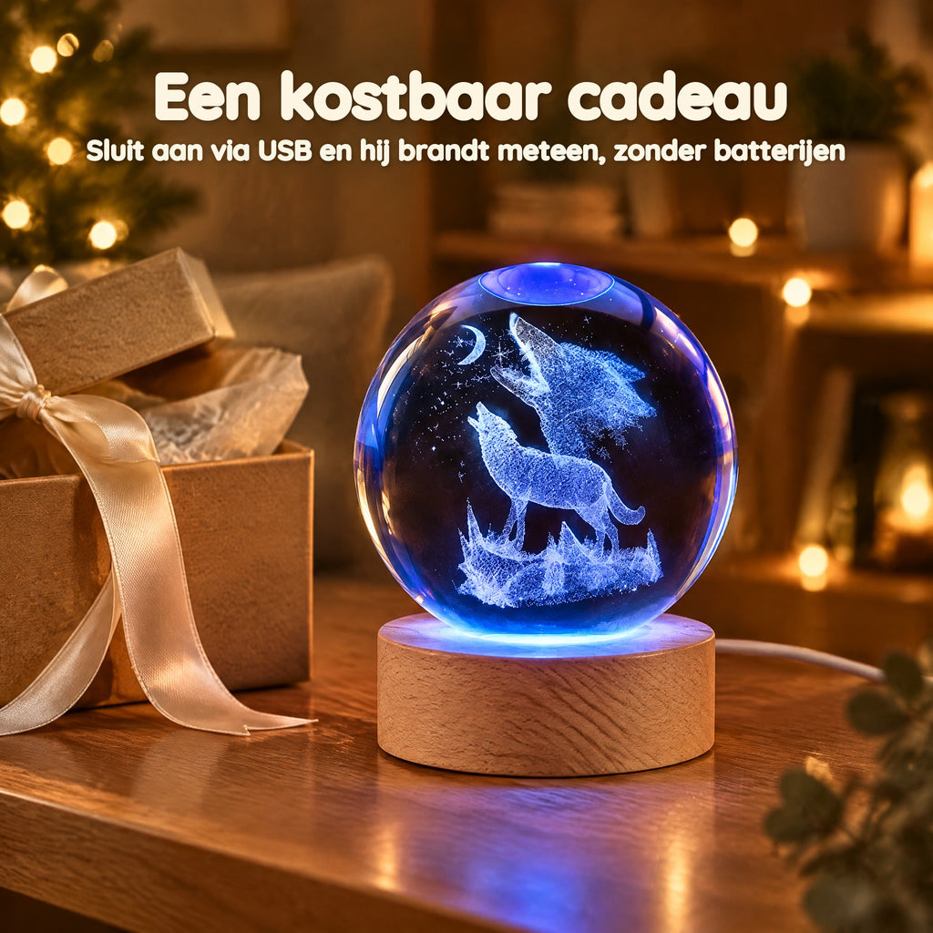 Nachtlampje kristallen bol met wolven die naar de maan huilen – Een kostbaar cadeau