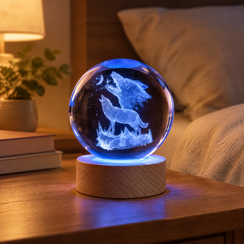 Luce Notturna Sfera di Cristallo Lupi che Ululano alla Luna