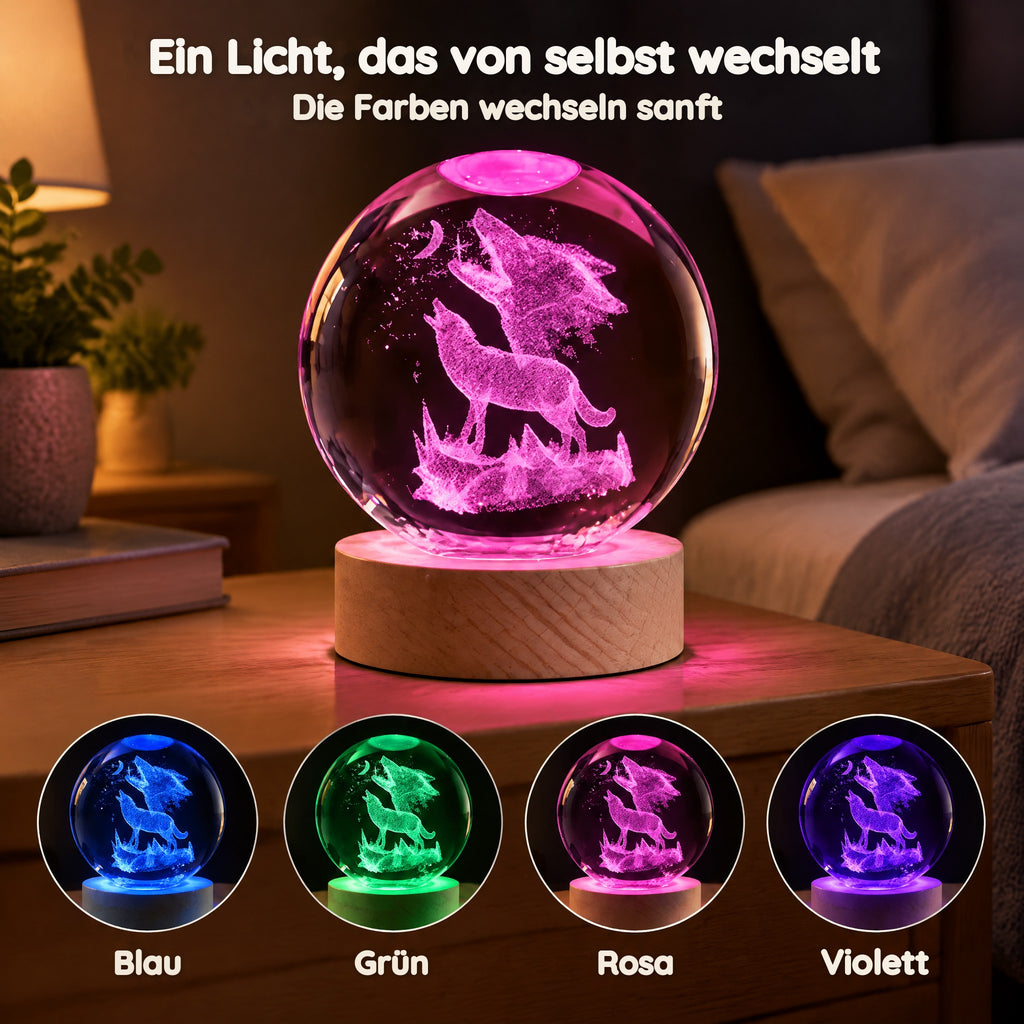 Kristallkugel-Nachtlicht mit Wölfen, die den Mond anheulen – Ein Licht, das von selbst wechselt