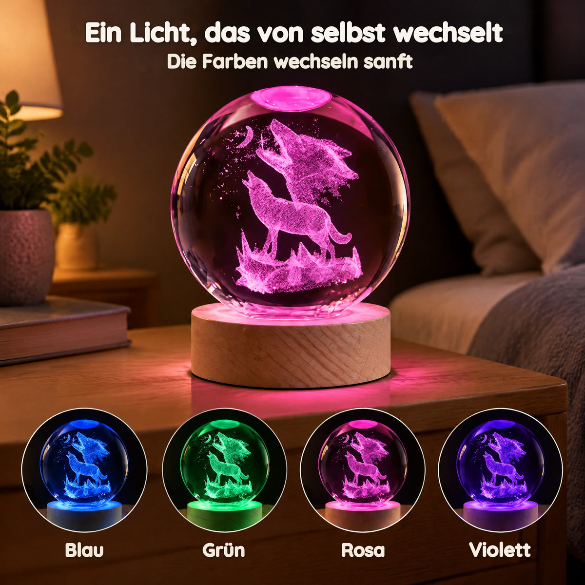 Kristallkugel-Nachtlicht mit Wölfen, die den Mond anheulen – Ein Licht, das von selbst wechselt