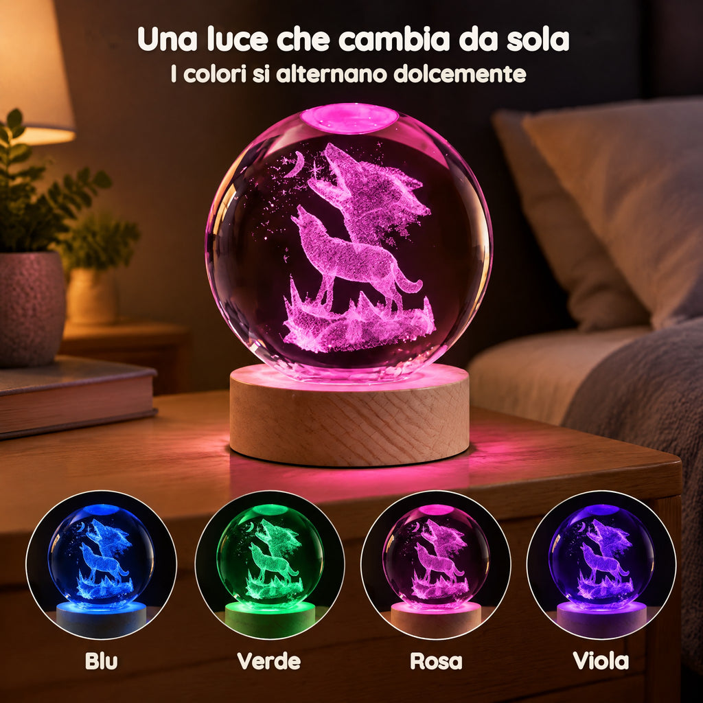 Luce Notturna Sfera di Cristallo Lupi che Ululano alla Luna – Una luce che cambia da sola