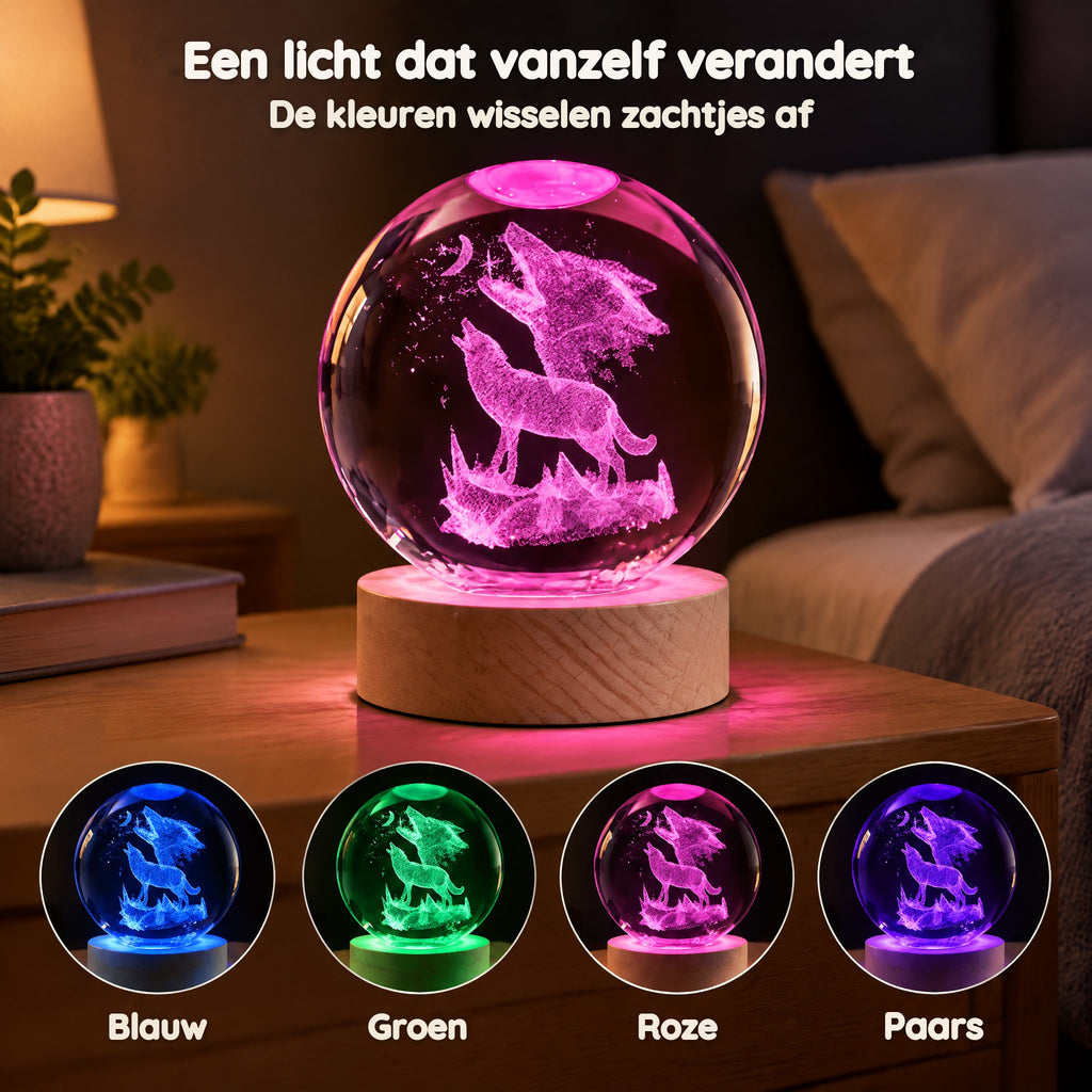 Nachtlampje kristallen bol met wolven die naar de maan huilen – Een licht dat vanzelf verandert