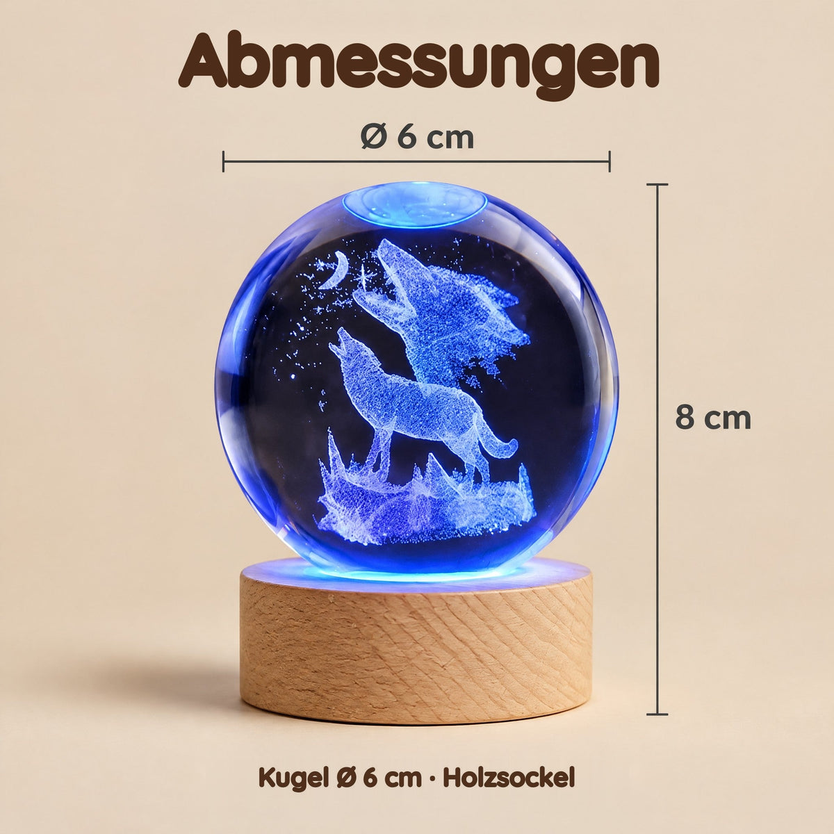 Kristallkugel-Nachtlicht mit Wölfen, die den Mond anheulen – Abmessungen