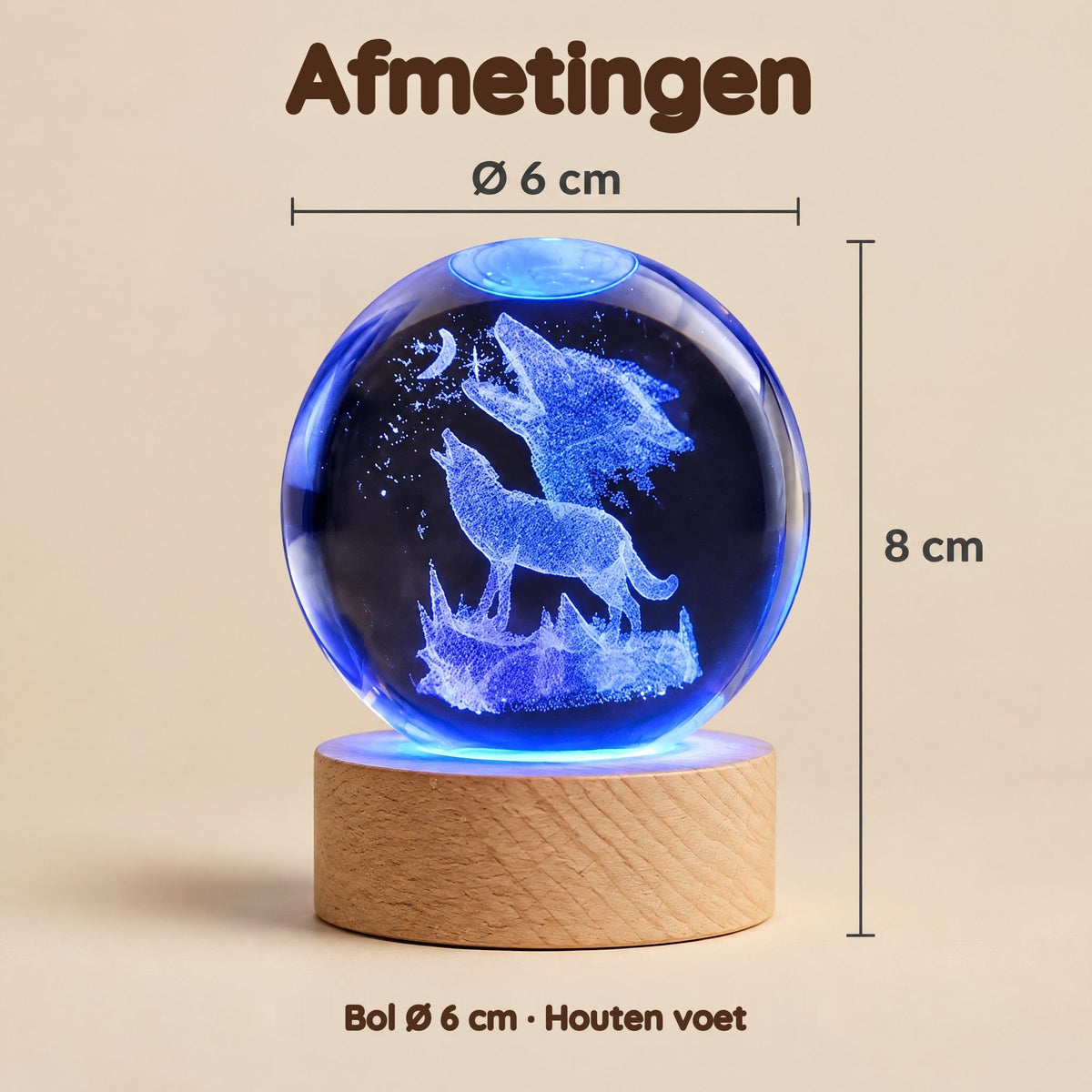 Nachtlampje kristallen bol met wolven die naar de maan huilen – Afmetingen