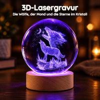 Kristallkugel-Nachtlicht mit Wölfen, die den Mond anheulen – 3D-Lasergravur