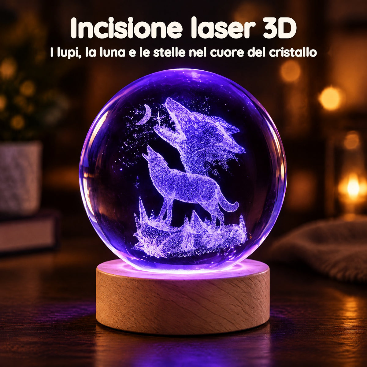 Luce Notturna Sfera di Cristallo Lupi che Ululano alla Luna – Incisione laser 3D
