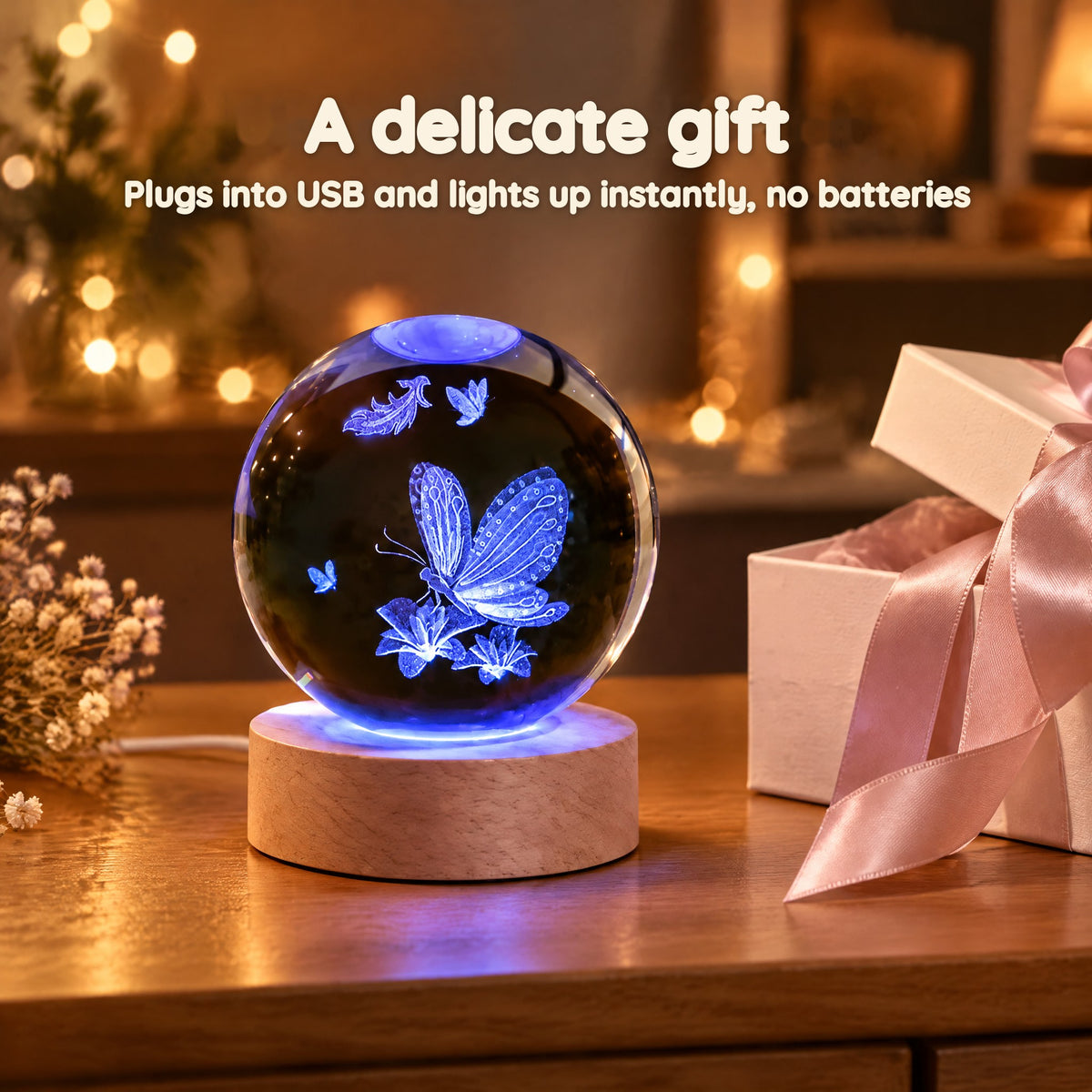 Butterfly on Flowers Crystal Ball Night Light – A delicate gift