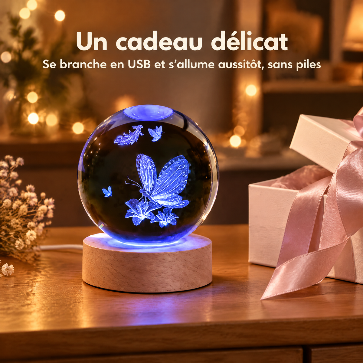 Lampka nocna kula kryształowa motyl na kwiatach – Delikatny prezent