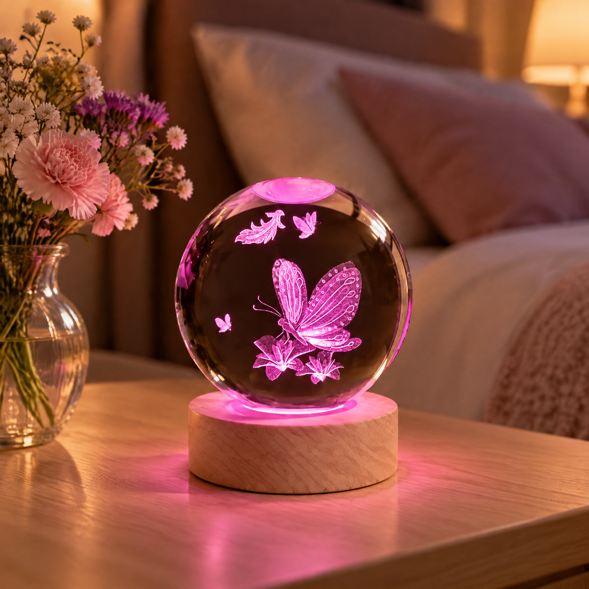 Lampka nocna kula kryształowa motyl na kwiatach