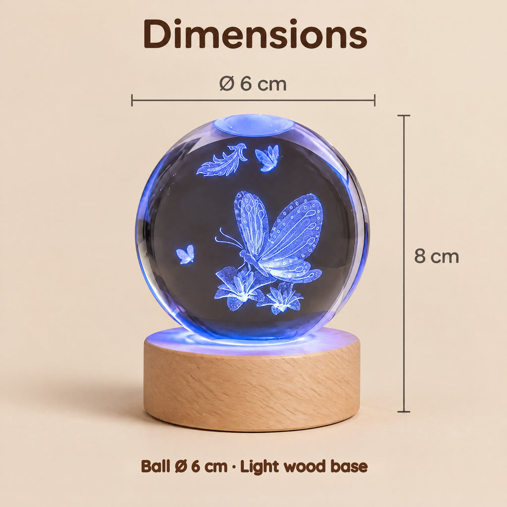 Butterfly on Flowers Crystal Ball Night Light – Dimensions