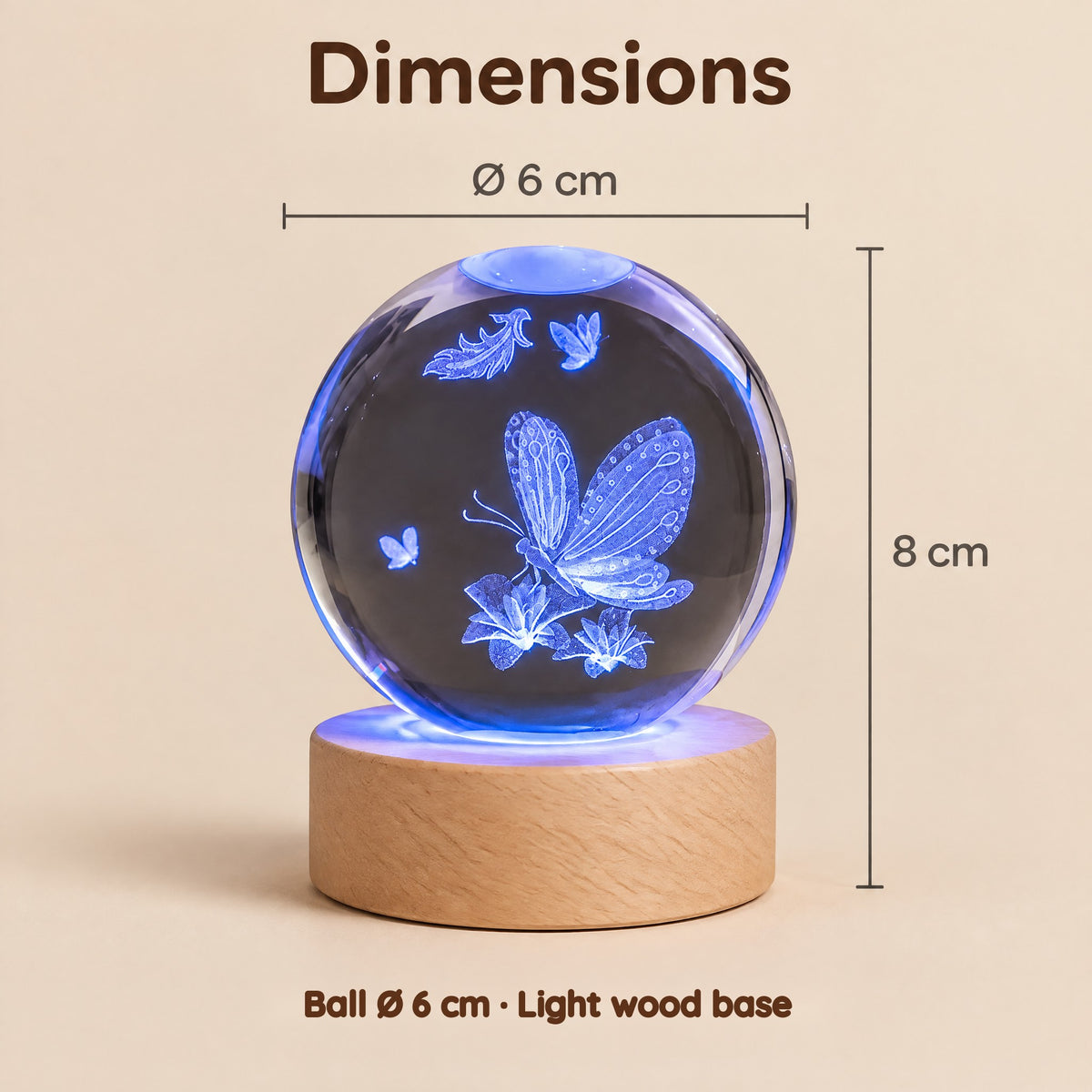 Butterfly on Flowers Crystal Ball Night Light – Dimensions