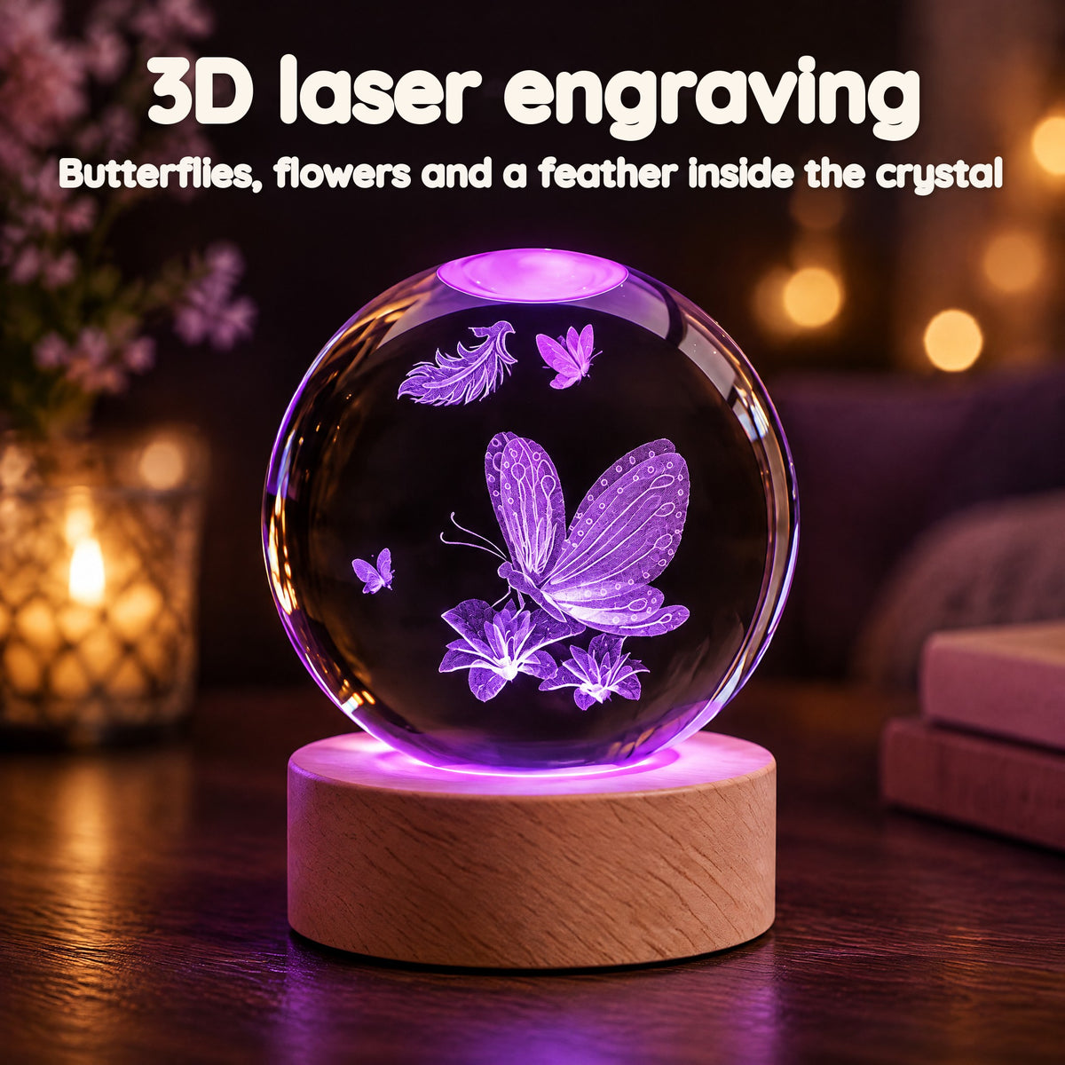 Butterfly on Flowers Crystal Ball Night Light – 3D laser engraving