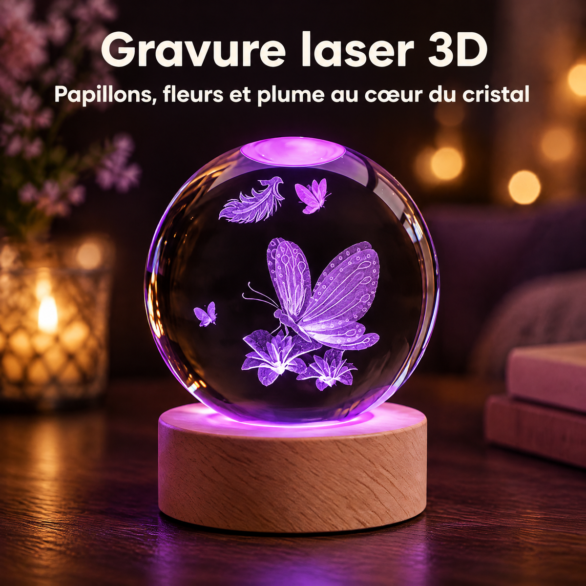 Lampka nocna kula kryształowa motyl na kwiatach – Grawer laserowy 3D