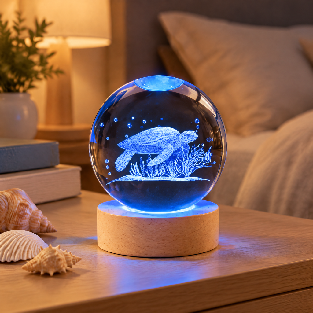 Lampka nocna kula kryształowa żółw morski z grawerem 3D