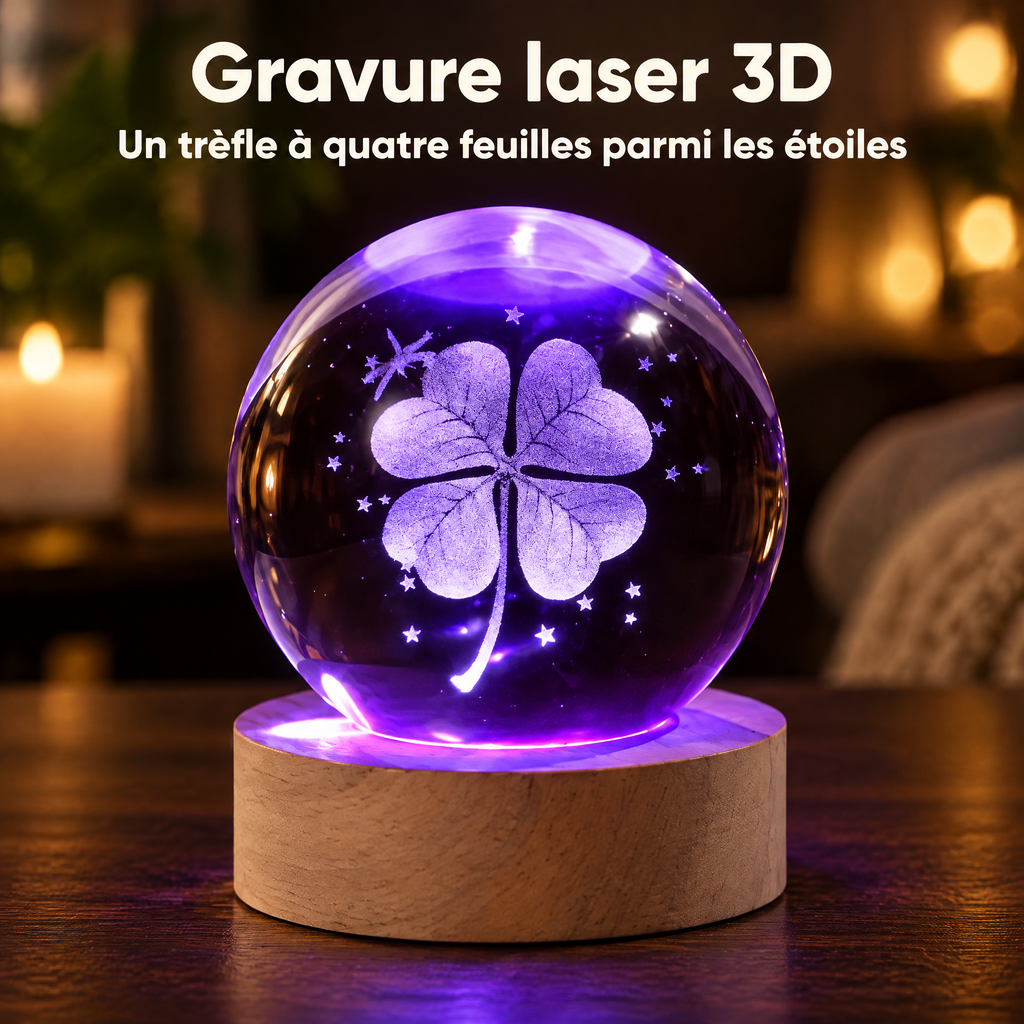 Lampka nocna kula kryształowa z czterolistną koniczyną, zasilana z USB – Grawer laserowy 3D