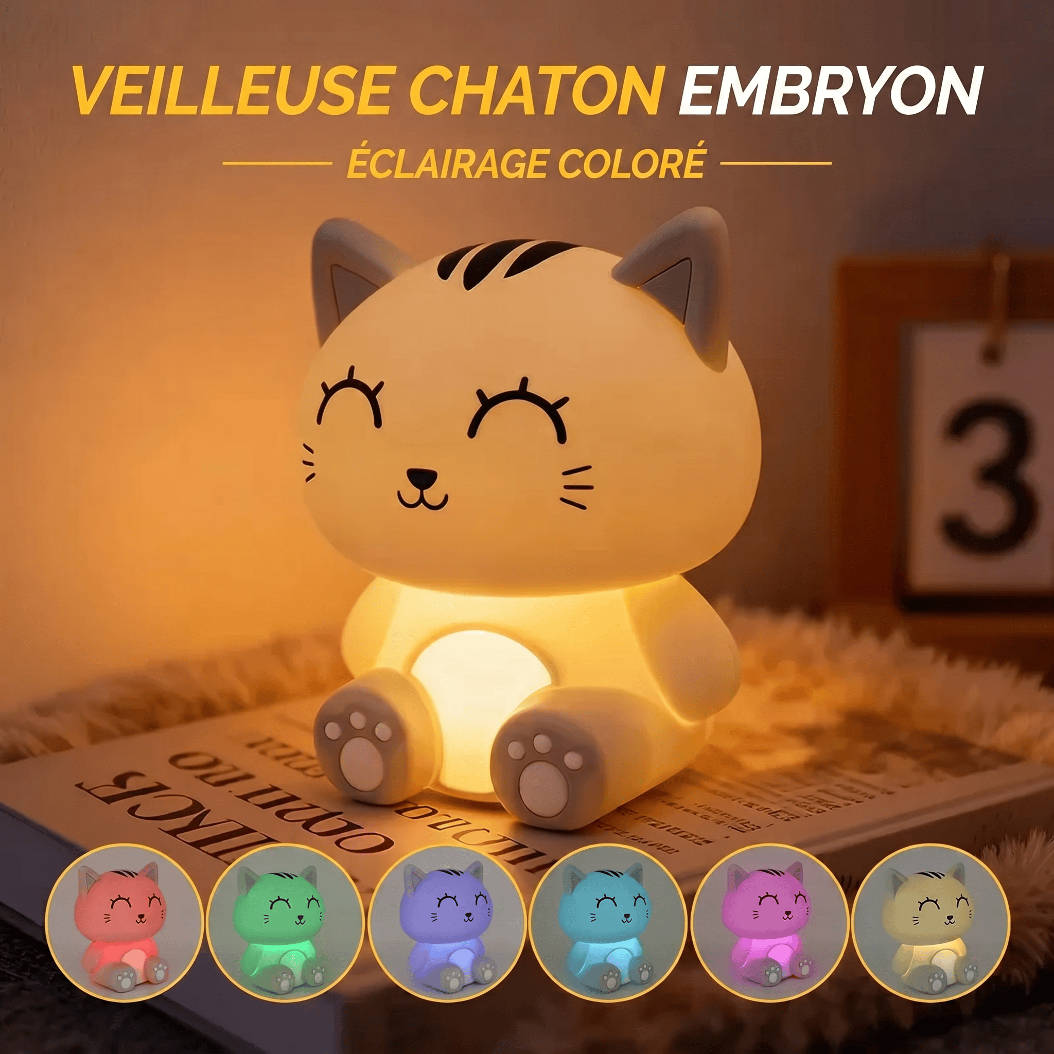 Veilleuse Chat Kawaii Rechargeable Multicolore